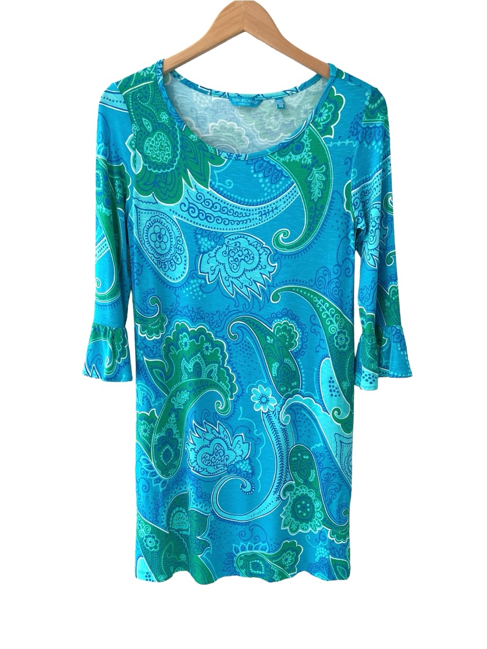 Tori Richard Lana Shift Dress XS aqua green paisley jersey resortwear pockets
